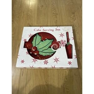 Christmas Tree Cake Serving Set Plate & Server Holiday‎ Style Ceramic Red
